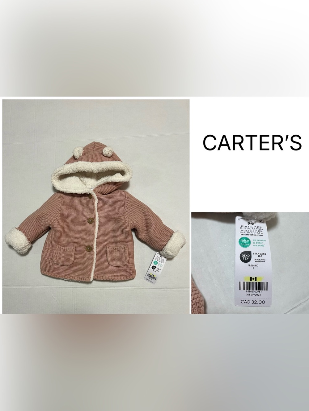 CARTER’S - 9M - NWT - INFANT PINK SHERPA KNIT CARDIGAN SWEATER